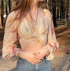 Peach Marbled Chiffon Long Sleeve Cropped Tie Top Size Small